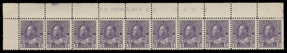 ADMIRAL STAMPS 112,Upper Left Plate 22 strip of ten, brilliant fresh colour, hinged on straight edged stamp only, otherwise F-VF NH (Unitrade cat. $1,030)