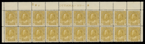 ADMIRAL STAMPS  113a,A remarkable Plate 3 block of twenty in a very attractive shade, printing order number "189", exceptional colour on fresh paper, a few negligible split perfs in top margin, end pairs lightly hinged leaving sixteen stamps NH, seldom encountered in such a large plate block, F-VF (Unitrade cat. $3,840) ex. C.M. Jephcott (June 1990; Lot 821)