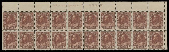 ADMIRAL STAMPS  114b,A fabulous, unusually well centered Upper Right Plate 7 block of twenty, end pairs VLH leaving sixteen stamps NH, VF+; a choice and scarce plate block. (Unitrade cat. $2,340) ex. C.M. Jephcott (June 1990; Lot 830)