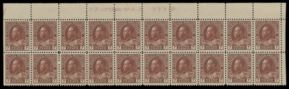 ADMIRAL STAMPS 114b,A fabulous, unusually well centered Upper Right Plate 7 block of twenty, end pairs VLH leaving sixteen stamps NH, VF+; a choice and scarce plate block. (Unitrade cat. $2,340) ex. C.M. Jephcott (June 1990; Lot 830)