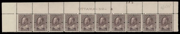 ADMIRAL STAMPS 116,Upper Left Plate 3 strip of ten, portion of printing order number "175" above Position 8, exceptionally bright shade, light hinged in selvedge only leaving all stamps NH and Fine; a rare large plate numbered multiple of this key value Admiral. (Unitrade cat. $2,400+)