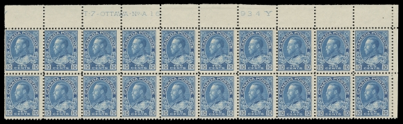 ADMIRAL STAMPS  117,Upper Right Plate 16 block of twenty, lovely fresh colour, vertical end pairs lightly hinged leaving sixteen NH, Fine (Unitrade cat. $1,080) ex. C.M. Jephcott (June 1990; Lot 867)