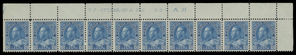 ADMIRAL STAMPS  117,A matching pair of Upper Right Plates 21 and 22 strips of ten, both with bright fresh colour, hinged once in right side selvedge, all stamps are NH, an attractive duo, F-VF (Unitrade cat. $3,300)