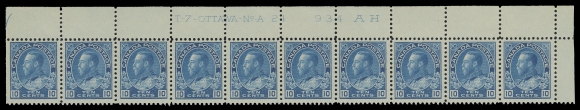 ADMIRAL STAMPS  117,A matching pair of Upper Right Plates 21 and 22 strips of ten, both with bright fresh colour, hinged once in right side selvedge, all stamps are NH, an attractive duo, F-VF (Unitrade cat. $3,300)