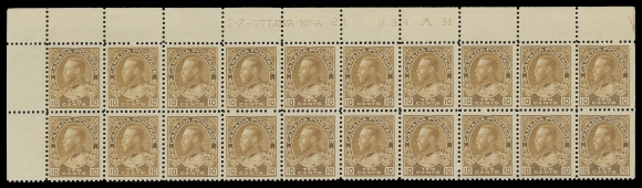 ADMIRAL STAMPS  118b,Upper Left Plate 21 block of twenty in the distinctive shade, lightly hinged in selvedge and vertical end pairs leaving sixteen stamps NH (small area of glazed gum on one); the first plate issued in the bistre colour, F-VF (Unitrade cat. $2,460)