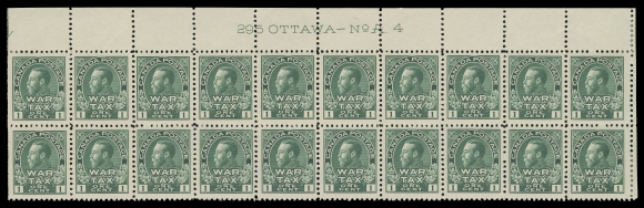 ADMIRAL STAMPS  MR1,A choice, well centered Upper Right Plate 4 block of twenty, bright fresh colour, vertical end pairs LH leaving sixteen NH, an impressive large plate block in selected VF condition (Unitrade cat. $2,080)