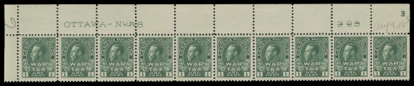 ADMIRAL STAMPS  MR1,Upper left Plate 8 strip of ten, initial printing order number "295" etched out and engraved "3" number in place above stamp Position 10, well centered and fresh, lightly hinged in selvedge and straight edged stamp leaving nine stamps VF NH (Unitrade cat. $1,120)