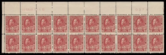 ADMIRAL STAMPS  MR3,Upper Left Plate 5 block of twenty, nicely centered and in a bright shade, hinged in selvedge and straight edged stamps, other eighteen are NH. A beautiful plate multiple, VF (Unitrade cat. $1,950)