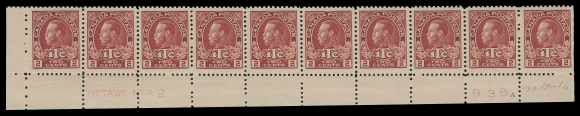 ADMIRAL STAMPS  MR3,Plate 1 and Plate 2 strips of ten, lower right and lower left position respectively, both with lovely fresh, rich colour, end stamps hinged, leaving eight NH in each; penciled date of acquisition from Post Office by pioneer collector Major K. Hamilton White, VF (Unitrade cat. $3,120)