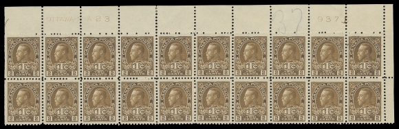 ADMIRAL STAMPS  MR4,Upper Right mint Plate 23 block of twenty well centered, brilliant fresh colour, light pencil number in margin, end pairs hinged leaving other sixteen NH, VF (Unitrade cat. $2,080)