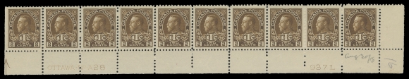 ADMIRAL STAMPS  MR4, MR4i,Mint Plate 27 yellow brown and Plate 28 deep brown strips of ten, lower left and lower right positions respectively. Both well centered, end stamps hinged leaving eight NH in each, VF (Unitrade cat. $2,080)