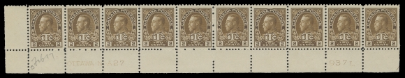 ADMIRAL STAMPS  MR4, MR4i,Mint Plate 27 yellow brown and Plate 28 deep brown strips of ten, lower left and lower right positions respectively. Both well centered, end stamps hinged leaving eight NH in each, VF (Unitrade cat. $2,080)