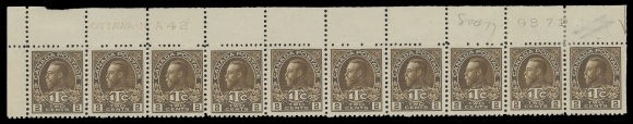 ADMIRAL STAMPS  MR4,A choice, well centered Upper Left mint Plate 42 strip of ten, rich colour, hinged in selvedge and right-hand pair, other eight stamps NH, VF (Unitrade cat. $1,040)