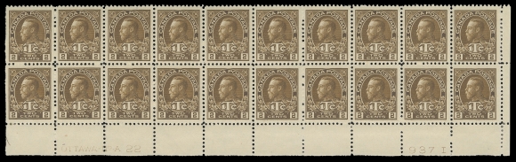 ADMIRAL STAMPS  MR4,A select Lower Right mint Plate 22 block of twenty, fabulous colour on fresh paper, unusually well centered for such a large block, vertical end pairs hinged leaving sixteen NH, VF and attractive (Unitrade cat. $2,080)