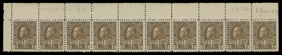 ADMIRAL STAMPS  MR4, i, shade,A matching trio of upper left plate strips of ten with consecutive plate numbers - Upper Left Plate 46 in deep yellowish brown, 47 & 48 in dark brown. Hinged on selvedge and straight edged stamp on first two, plate 48 with three stamps hinged, all others NH. Plate 46 with natural bends on two stamps; penciled date of acquisition from Post Office by pioneer collector Major K. Hamilton White, F-VF; a rare trio of plate strips (Unitrade cat. $1,875)