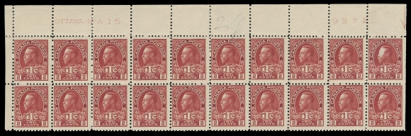 ADMIRAL STAMPS  MR3a,Upper Left mint Plate 15 block of twenty of the scarcer die displaying characteristic deep colour, upper left stamp and straight edged stamps hinged, surface abrasion on pos. 10, seventeen stamps are NH. Some split perfs and lightened pencil number in selvedge. A rare Die II plate block; only a few exist from either Plate (15 or 16), Fine+ (Unitrade cat. $5,500+)
