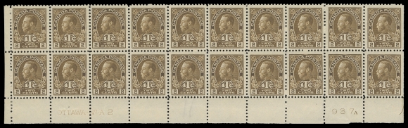 ADMIRAL STAMPS  MR4a,An extraordinary mint Plate 2 block of twenty from the lower left position with printing order number "937A" below Position 99.  The scarcer die remarkably displaying superior centering, the two vertical end pairs hinged, small gum thin on Pos. 96, light  pencil number in selvedge. FIFTEEN STAMPS ARE NEVER HINGED, mostly with VF centering. An immensely rare plate block, only a block of four and strip of three of Plate 2 have been reported. A wonderful exhibit-caliber multiple and one of the highlights of this pre-eminent Admiral collection, VF  (Unitrade cat. $75,000)