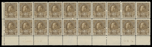 ADMIRAL STAMPS MR4a,An extraordinary mint Plate 2 block of twenty from the lower left position with printing order number "937A" below Position 99. The scarcer die remarkably displaying superior centering, the two vertical end pairs hinged, small gum thin on Pos. 96, light pencil number in selvedge. FIFTEEN STAMPS ARE NEVER HINGED, mostly with VF centering. An immensely rare plate block, only a block of four and strip of three of Plate 2 have been reported. A wonderful exhibit-caliber multiple and one of the highlights of this pre-eminent Admiral collection, VF (Unitrade cat. $75,000)
