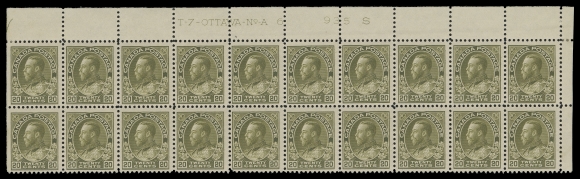 ADMIRAL STAMPS  119c,Upper Right mint Plate 6 block of twenty in a shade closely resembling the elusive sage green, top right and the two straight edged stamps hinged, the other seventeen with full pristine original gum, never hinged. Possibly the largest surviving Plate 6 block, F-VF (Unitrade cat. $6,880)