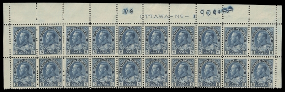 ADMIRAL STAMPS  111b,A remarkable mint upper Plate 1 block of twenty in an outstanding bright shade, initial printing order numbers "84" and "104" etched out and new number "115" at left; severed between second and third columns supported by hinges, mild perf separation mostly in top margin and natural gum bends, four stamps hinged leaving sixteen NH. A rare and visually striking plate block, F-VF (Unitrade cat. $12,200) ex. C.M. Jephcott (June 1990; Lot 787)