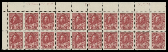 ADMIRAL STAMPS  106,Brilliant fresh Upper Left mint Plate 137 block of twenty, nicely centered, radiant colour on fresh paper, lightly hinged in selvedge only, all stamps with pristine original gum, never hinged, VF (Unitrade cat. $2,400)