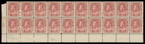 ADMIRAL STAMPS  106iv,Lower Left mint Plate 94 block of twenty, fabulous, distinctive shade among the myriad known, unusually well centered for such large plate block, left sheet margin partly severed, some split perfs in places, sensibly reinforced by hinge between seventh and eighth stamp of top row, both straight edge stamps LH, leaving sixteen stamps never hinged, VF (Unitrade cat. $3,640)