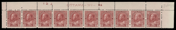 ADMIRAL STAMPS  106ii,An attractive, consecutive, matching quartet of plate strips of ten: Plate 21 Fine, Plate 22 Fine, Plate 23 F-VF and Plate 24 F-VF, from upper right pane position and with radiant colour, first two strips with etched printing order number "116" and last two etched "122" at left. Each strip hinged in selvedge, as well as Plate 21 stamp Pos. 1, all others including stamps from other three plates are never hinged. A very scarce quartet, Fine to F-VF (Unitrade cat. $1,790)
