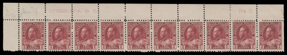 ADMIRAL STAMPS  106 shades,Consecutive trio of plate strips of ten: LL Plate 85 nearly VF centering, UL Plate 86 VF and UR Plate 87 F-VF, each strip in a different shade of carmine and one or two stamps hinged / lightly hinged, leaving others never hinged; a very scarce trio of plate numbered strips, F-VF to VF (Unitrade cat. $2,350)