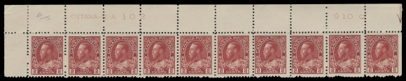 ADMIRAL STAMPS  106,Consecutive, matching trio of plate strips of ten: Plate 101 VF, Plate 102 F-VF, and Plate 103, from upper left pane position and with deep fresh colour, first two strips hinged / LH in selvedge only, stamps NH, Plate 103 hinged on two stamps, others NH. Select plate strips with better centering and overall freshness, VF (Unitrade cat. $2,940)