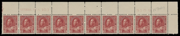 ADMIRAL STAMPS 106,Consecutive, matching trio of plate strips of ten: Plate 101 VF, Plate 102 F-VF, and Plate 103, from upper left pane position and with deep fresh colour, first two strips hinged / LH in selvedge only, stamps NH, Plate 103 hinged on two stamps, others NH. Select plate strips with better centering and overall freshness, VF (Unitrade cat. $2,940)