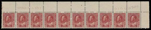 ADMIRAL STAMPS  106,Consecutive, matching trio of plate strips of ten: Plate 101 VF, Plate 102 F-VF, and Plate 103, from upper left pane position and with deep fresh colour, first two strips hinged / LH in selvedge only, stamps NH, Plate 103 hinged on two stamps, others NH. Select plate strips with better centering and overall freshness, VF (Unitrade cat. $2,940)