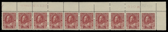 ADMIRAL STAMPS  106,A post office fresh quartet of plate strips of ten, all matching upper right positions with consecutive Plate numbers 119 to 122, the first F-VF, all others unusually well centered and VF, last two  in a darker shade of carmine. Each strip LH in margin leaving all stamps NH, F-VF to VF+ (Unitrade cat. $4,300)