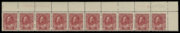 ADMIRAL STAMPS 106,A post office fresh quartet of plate strips of ten, all matching upper right positions with consecutive Plate numbers 119 to 122, the first F-VF, all others unusually well centered and VF, last two in a darker shade of carmine. Each strip LH in margin leaving all stamps NH, F-VF to VF+ (Unitrade cat. $4,300)