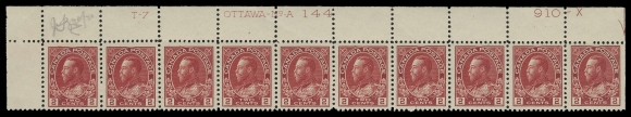ADMIRAL STAMPS 106iii, v, vii,A quartet of plate strips of ten with consecutive plate numbers, in three distinctive shades: UR Plate 143 and UL Plate 144 in deep red, UR Plate 145 in red and UR Plate 146 in dark carmine; minor perf separation in margin of Plate 143. Plate 145 F-VF centered, otherwise VF, lightly hinged in margins leaving all stamps NH. An attractive group in choice condition (Unitrade cat. $4,300)