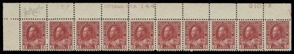 ADMIRAL STAMPS  106iii, v, vii,A quartet of plate strips of ten with consecutive plate numbers, in three distinctive shades: UR Plate 143 and UL Plate 144 in deep red, UR Plate 145 in red and UR Plate 146 in dark carmine; minor perf separation in margin of Plate 143. Plate 145 F-VF centered, otherwise VF, lightly hinged in margins leaving all stamps NH. An attractive group in choice condition (Unitrade cat. $4,300)