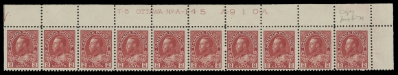 ADMIRAL STAMPS  106iii, v, vii,A quartet of plate strips of ten with consecutive plate numbers, in three distinctive shades: UR Plate 143 and UL Plate 144 in deep red, UR Plate 145 in red and UR Plate 146 in dark carmine; minor perf separation in margin of Plate 143. Plate 145 F-VF centered, otherwise VF, lightly hinged in margins leaving all stamps NH. An attractive group in choice condition (Unitrade cat. $4,300)