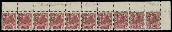 ADMIRAL STAMPS  106iii, v, vii,A quartet of plate strips of ten with consecutive plate numbers, in three distinctive shades: UR Plate 143 and UL Plate 144 in deep red, UR Plate 145 in red and UR Plate 146 in dark carmine; minor perf separation in margin of Plate 143. Plate 145 F-VF centered, otherwise VF, lightly hinged in margins leaving all stamps NH. An attractive group in choice condition (Unitrade cat. $4,300)