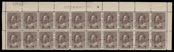 ADMIRAL STAMPS  116a,A spectacular upper margin mint Plate 2 block of twenty, printing order number "86" etched at left; a few split perforations mainly strengthened by hinges, displaying the bright, delicate shade of the first printing (Plates 1 and 2 were simultaneously issued), eleven stamps NEVER HINGED. A rare, early issued plate strip of this key Admiral stamp, F-VF (Unitrade cat. $14,660) ex. C.M. Jephcott (June 1990; Lot 852)
