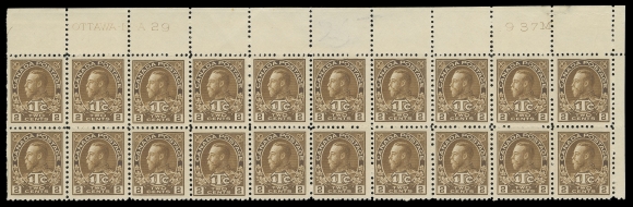 ADMIRAL STAMPS  MR4i,Upper Right mint Plate 29 block of twenty with brilliant fresh colour, lower stamp at each end hinged, the other eighteen NH. A very scarce plate multiple, F-VF (Unitrade cat. $1,310)