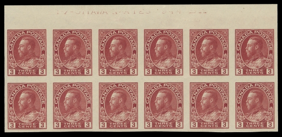 ADMIRAL STAMPS  138,An impressive mint Plate 129 block of twelve from the upper right pane position, characteristic impression of the imprint, hinged on slightly trimmed margin at top as normally seen, one stamp VLH leaving eleven NH. One of only six Plate 129 multiples recorded (one is used), none larger than a plate of twelve, VF (Unitrade $3,000 for a hinged plate block of eight)Provenance: Harry Lussey, Maresch Sale 131, June 1981; Lot 1285                   Robert A. Chaplin, Maresch Sale 223, January 1989; Lot 861