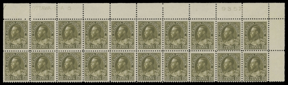 ADMIRAL STAMPS  119c,A remarkably fresh mint Upper Right Plate 5 block of twenty, exceptional colour, quite well centered for such a large multiple, hinged in margin only, all stamps with full pristine original gum, NEVER HINGED. A most attractive block, very few strips of twenty of any plate number survived, F-VF (Unitrade cat. $7,600)