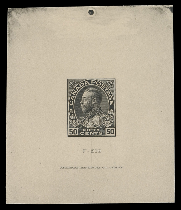 ADMIRAL PROOFS 104-122,The outstanding Alfred Lichtenstein set of thirteen Large Die Proofs in black, printed directly to card (0.010-0.011" thick) and measuring between 52-76 x 57-79mm, each with respective die number above or below design, the seven original dies also with American Bank Note Co. Ottawa imprint (23.5mm long). All issued denominations, including both dies of the One cent and Three cent, are present. Exceptional in all respects and very rare as only two other such sets can exist, VF-XF (Minuse & Pratt 104TC1-122TCb)
Provenance: Alfred Lichtenstein Collection of Canada issued from 1897 Jubilee, H.R. Harmer, Inc., November 1954; Lots 270/283
Clare M. Jephcott, Maresch Sale 241, June 1990; Lots 618/919
The unissued 6 cent value and the four War Tax die proofs are offered separately in the next two lots.
AN EXCELLENT OPPORTUNITY TO ACQUIRE A COMPLETE SET OF THESE RARELY OFFERED DIE PROOFS. THEY WERE PREVIOUSLY SOLD INDIVIDUALLY IN BOTH THE LICHTENSTEIN (1954) AND JEPHCOTT (1990) SALES .