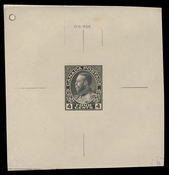 ADMIRAL PROOFS 104-122,The outstanding Alfred Lichtenstein set of thirteen Large Die Proofs in black, printed directly to card (0.010-0.011" thick) and measuring between 52-76 x 57-79mm, each with respective die number above or below design, the seven original dies also with American Bank Note Co. Ottawa imprint (23.5mm long). All issued denominations, including both dies of the One cent and Three cent, are present. Exceptional in all respects and very rare as only two other such sets can exist, VF-XF (Minuse & Pratt 104TC1-122TCb)
Provenance: Alfred Lichtenstein Collection of Canada issued from 1897 Jubilee, H.R. Harmer, Inc., November 1954; Lots 270/283
Clare M. Jephcott, Maresch Sale 241, June 1990; Lots 618/919
The unissued 6 cent value and the four War Tax die proofs are offered separately in the next two lots.
AN EXCELLENT OPPORTUNITY TO ACQUIRE A COMPLETE SET OF THESE RARELY OFFERED DIE PROOFS. THEY WERE PREVIOUSLY SOLD INDIVIDUALLY IN BOTH THE LICHTENSTEIN (1954) AND JEPHCOTT (1990) SALES .