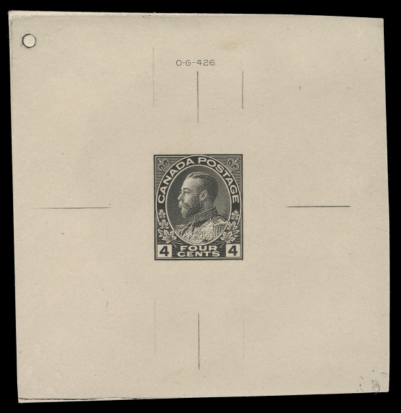 ADMIRAL PROOFS  104-122,The outstanding Alfred Lichtenstein set of thirteen Large Die Proofs in black, printed directly to card (0.010-0.011" thick) and measuring between 52-76 x 57-79mm, each with respective die number above or below design, the seven original dies also with American Bank Note Co. Ottawa imprint (23.5mm long). All issued denominations, including both dies of the One cent and Three cent, are present. Exceptional in all respects and very rare as only two other such sets can exist, VF-XF (Minuse & Pratt 104TC1-122TCb)

Provenance: Alfred Lichtenstein Collection of Canada issued from 1897 Jubilee, H.R. Harmer, Inc., November 1954; Lots 270/283
                   Clare M. Jephcott, Maresch Sale 241, June 1990; Lots 618/919

The unissued 6 cent value and the four War Tax die proofs are offered separately in the next two lots.

AN EXCELLENT OPPORTUNITY TO ACQUIRE A COMPLETE SET OF THESE RARELY OFFERED DIE PROOFS. THEY WERE PREVIOUSLY SOLD INDIVIDUALLY IN BOTH THE LICHTENSTEIN (1954) AND JEPHCOTT (1990) SALES .

