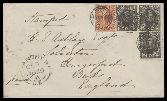 SIX PENCE AND TEN CENTS  1859 (October 30) An exceptional cover in choice condition with a spectacular franking consisting of a single 5c vermilion alongside first printing 10c horizontal pair and single in the unmistakable black brown shade, perf 11¾, the pair and 5c with clipped perfs from scissor separation (Postmaster