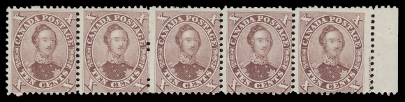 SIX PENCE AND TEN CENTS  17,A very impressive mint horizontal strip of five, as fresh as the day it was printed over 150 years ago with exceptional colour and impression on equally pristine fresh paper, portion of ABNC imprint at right; negligible perf flaw at foot of right stamp, a fabulous mint strip (Positions 76-80) with virtually full, fresh original gum, showing only the faintest of hinging. A wonderful Ten cent Consort mint multiple, F-VF VLH (Unitrade 17, plate positions 76-80)Provenance: The "Lindemann" Collection (private sale circa. 1997).Art Leggett Cents Issue Exhibit Collection (private sale).Unknown provenance, Ian Kimmerly Auctions, Sale 32, January 1993; Lot 701.Clifton Huff Cents Issue, Maresch Sale 207, November 1987; Lot 277.Arthur Groten, Maresch Sale 133, September 1981; Lot 256 - described "as full OG and probably NH".Fred Goodhelpsen Collection (private sale late 1970s)
