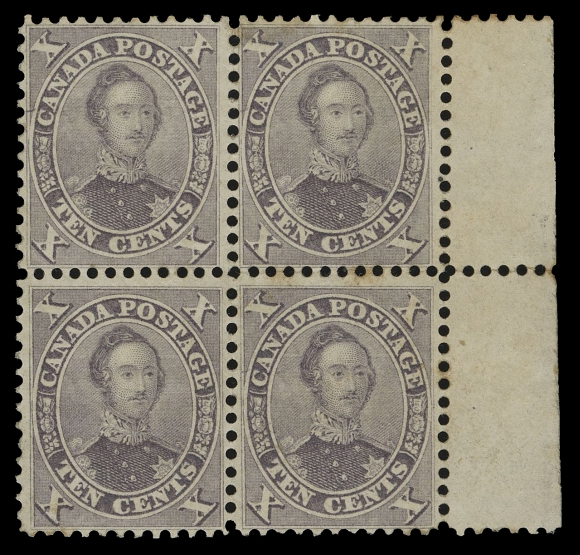 SIX PENCE AND TEN CENTS  17a,A rarely seen mint block of this particularly distinctive shade, unusually well centered with sheet margin at right, disturbed OG with minor stains visible mostly along perfs, all of which is inconsequential as it is likely the only known block in this shade, VF (Unitrade 17a, Positions 39-40 / 49-50)The upper left stamp Position 39, shows a strong impression of the "C" plate flaw, above "C" of "CANADA".Expertization: 1992 Greene Foundation certificateProvenance: The "Lindemann" Collection (private treaty circa. 1997).Maresch Private Treaty (Third Catalogue), 1983; item 152.British North American Sale, Harmers of New York, February 1980; Lot 127.Fred Goodhelpsen Collection (private sale late 1970s).