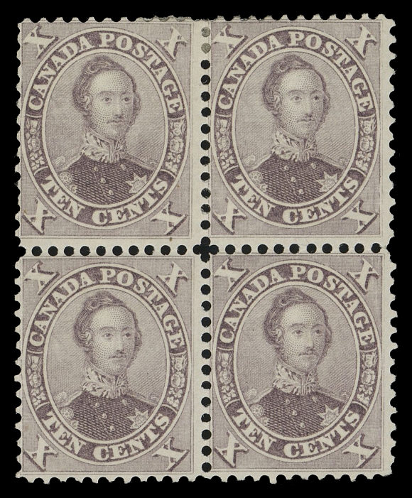 SIX PENCE AND TEN CENTS  17b,A very rare mint block of an early printing, brilliant fresh colour and full original gum, hinged at top, lower right stamp very lightly hinged and lower left stamp NEVER HINGED. A fabulous mint block that has graced three pre-eminent collections of the past, F-VF (Unitrade 17b early printing, Positions 36-37 / 46-47)Provenance: Dale-Lichtenstein, Sale 2 - B.N.A. Part One, H.R. Harmer Inc., November 1968; Lot 349 - described "o.g. fairly centered, fresh, extremely rare".Arthur Groten, Maresch Sale 133, September 1981; Lot 254 - identified as "purple brown PO3B" and described "centered with bottom stamps n.h., v.f."The "Carrington" Collection of the Province of Canada 1851-1864, Matthew Bennett Auctions, June 2002; Lot 3331