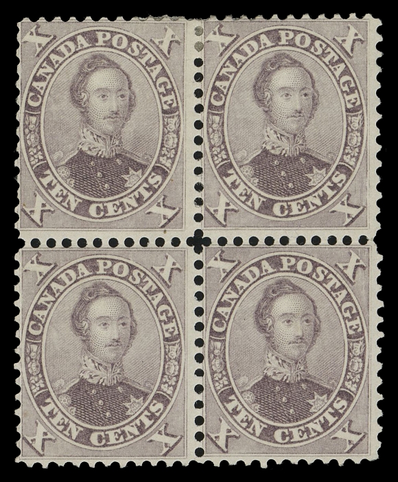 SIX PENCE AND TEN CENTS 17b,A very rare mint block of an early printing, brilliant fresh colour and full original gum, hinged at top, lower right stamp very lightly hinged and lower left stamp NEVER HINGED. A fabulous mint block that has graced three pre-eminent collections of the past, F-VF (Unitrade 17b early printing, Positions 36-37 / 46-47)
Provenance: Dale-Lichtenstein, Sale 2 - B.N.A. Part One, H.R. Harmer Inc., November 1968; Lot 349 - described "o.g. fairly centered, fresh, extremely rare".
Arthur Groten, Maresch Sale 133, September 1981; Lot 254 - identified as "purple brown PO3B" and described "centered with bottom stamps n.h., v.f."
The "Carrington" Collection of the Province of Canada 1851-1864, Matthew Bennett Auctions, June 2002; Lot 3331