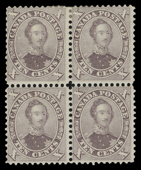 SIX PENCE AND TEN CENTS  17b,A very rare mint block of an early printing, brilliant fresh colour and full original gum, hinged at top, lower right stamp very lightly hinged and lower left stamp NEVER HINGED. A fabulous mint block that has graced three pre-eminent collections of the past, F-VF (Unitrade 17b early printing, Positions 36-37 / 46-47)

Provenance: Dale-Lichtenstein, Sale 2 - B.N.A. Part One, H.R. Harmer Inc., November 1968; Lot 349 - described "o.g. fairly centered, fresh, extremely rare".

Arthur Groten, Maresch Sale 133, September 1981; Lot 254 - identified as "purple brown PO3B" and described "centered with bottom stamps n.h., v.f."

The "Carrington" Collection of the Province of Canada 1851-1864, Matthew Bennett Auctions, June 2002; Lot 3331